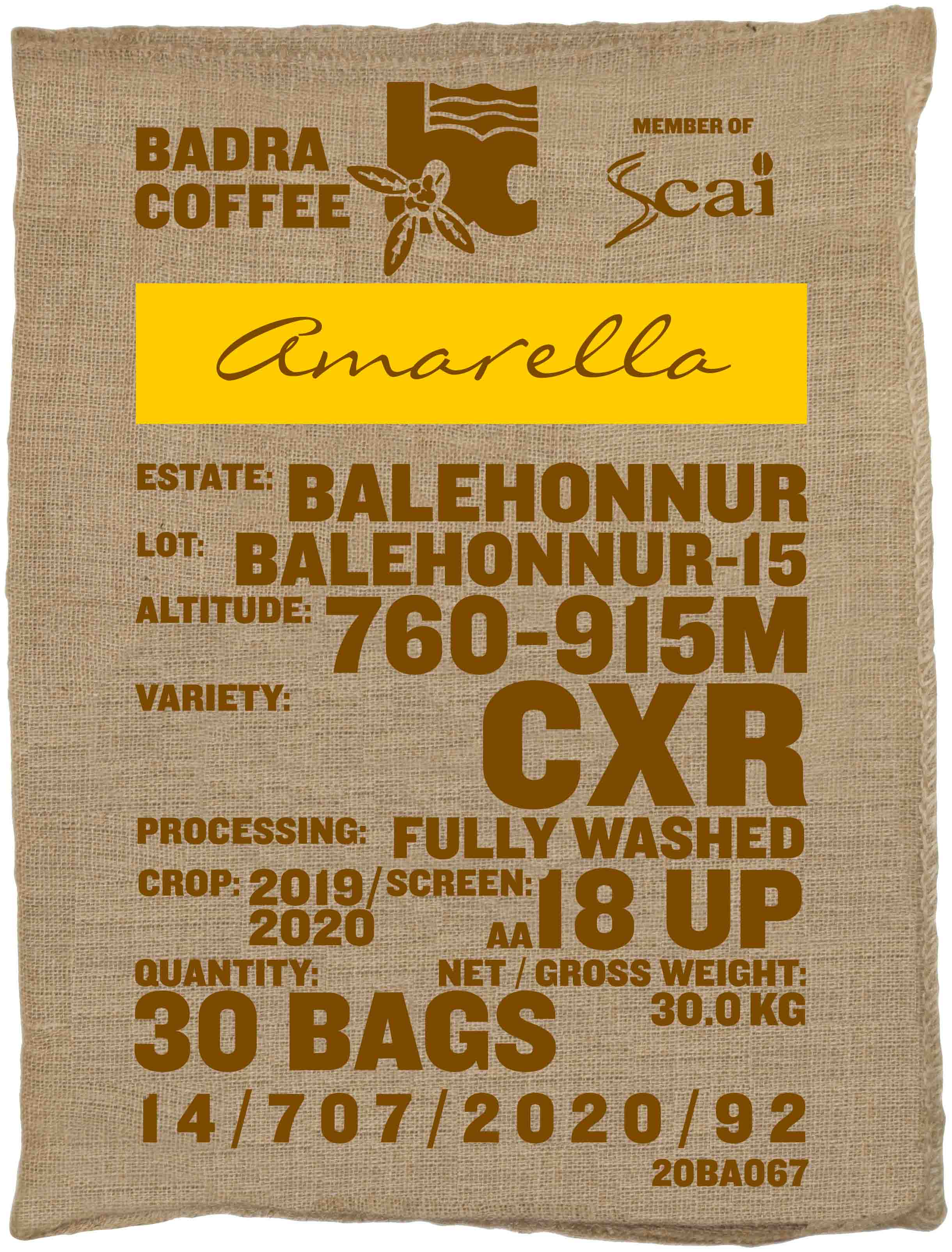 Ein Rohkaffeesack amarella Parzellenkaffee Varietät CxR. Badra Estates Lot Balehonnur 15.