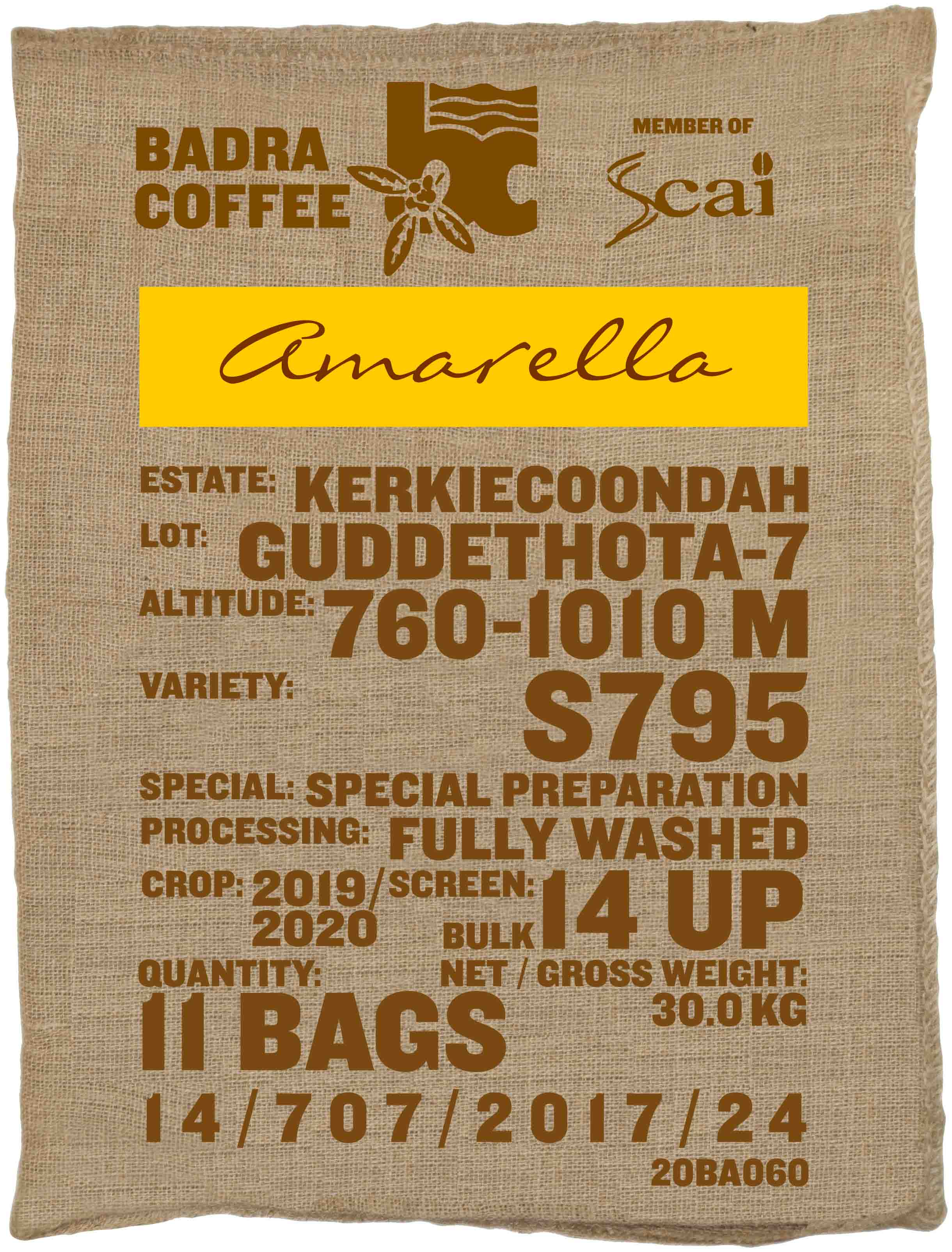 Ein Rohkaffeesack amarella Parzellenkaffee Varietät S795. Badra Estates Lot Guddethota 7.