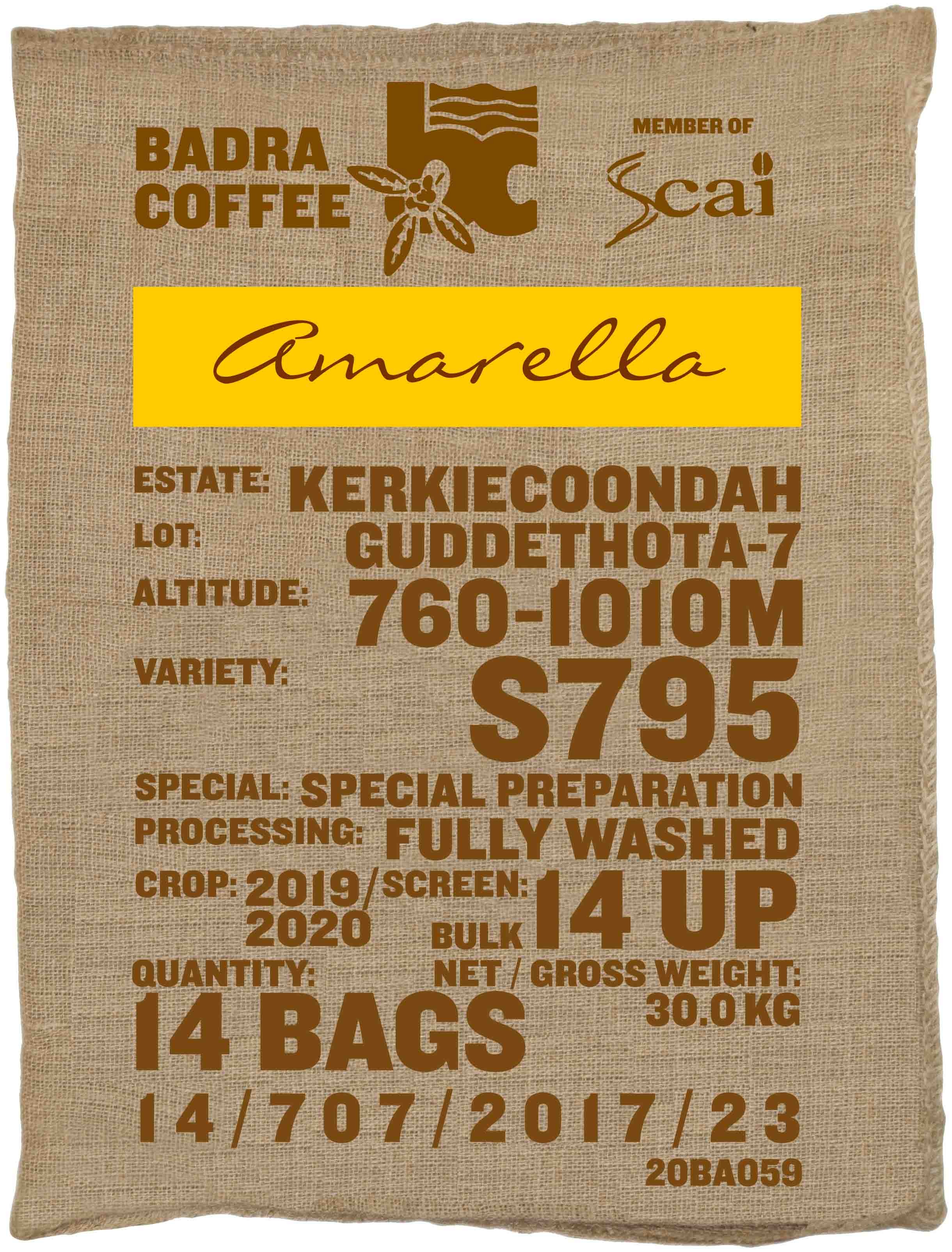 Ein Rohkaffeesack amarella Parzellenkaffee Varietät S795. Badra Estates Lot Guddethota 7.