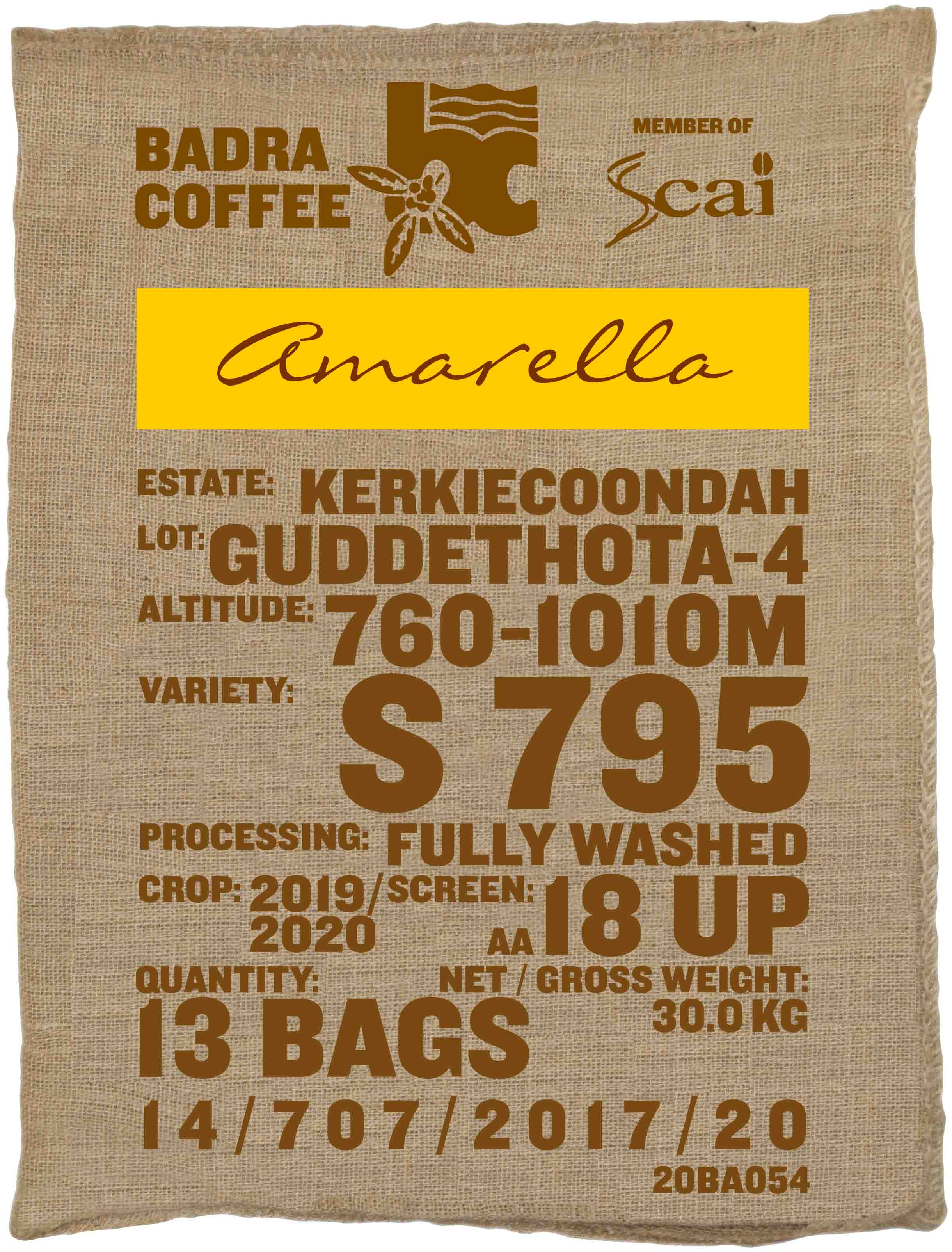 Ein Rohkaffeesack amarella Parzellenkaffee Varietät S795. Badra Estates Lot Guddethota 4.
