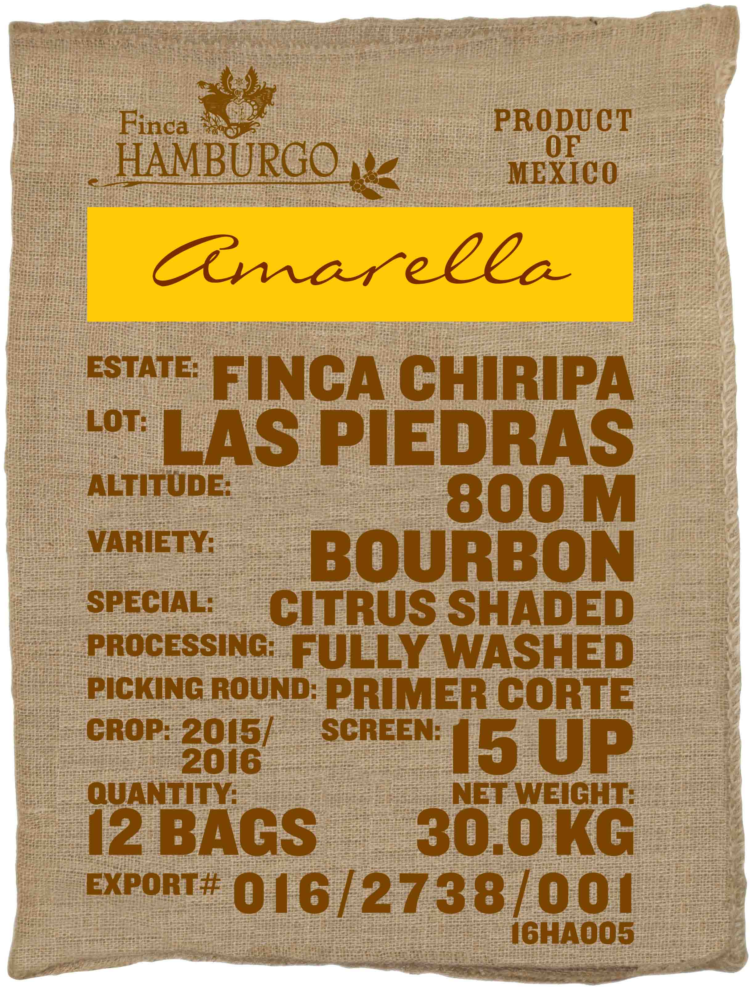 Ein Rohkaffeesack amarella Parzellenkaffee Varietät Bourbon. Finca Chiripa Lot Las Piedras. 