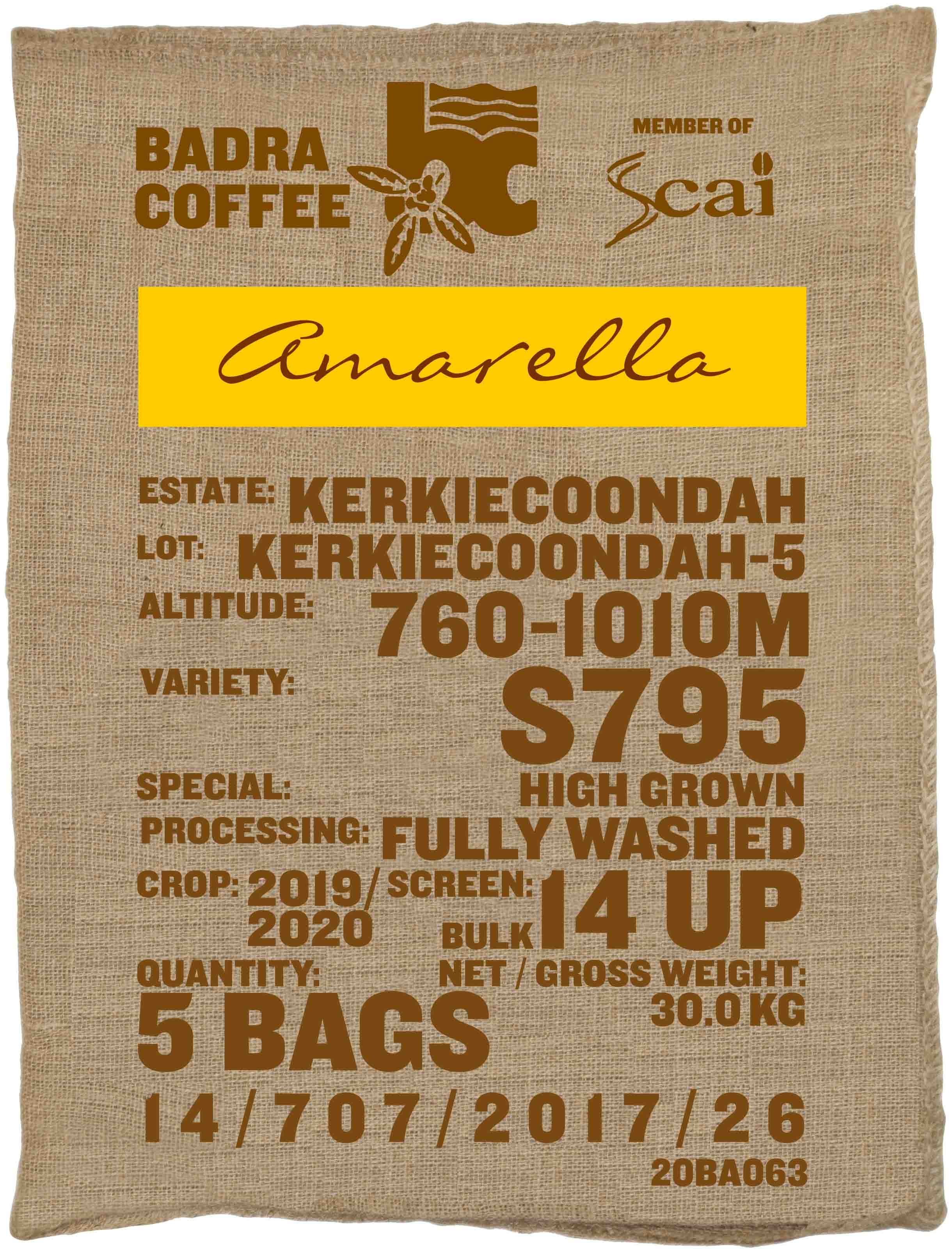 Ein Rohkaffeesack amarella Parzellenkaffee Varietät S795. Badra Estates Lot Kerkiecoondah 5.