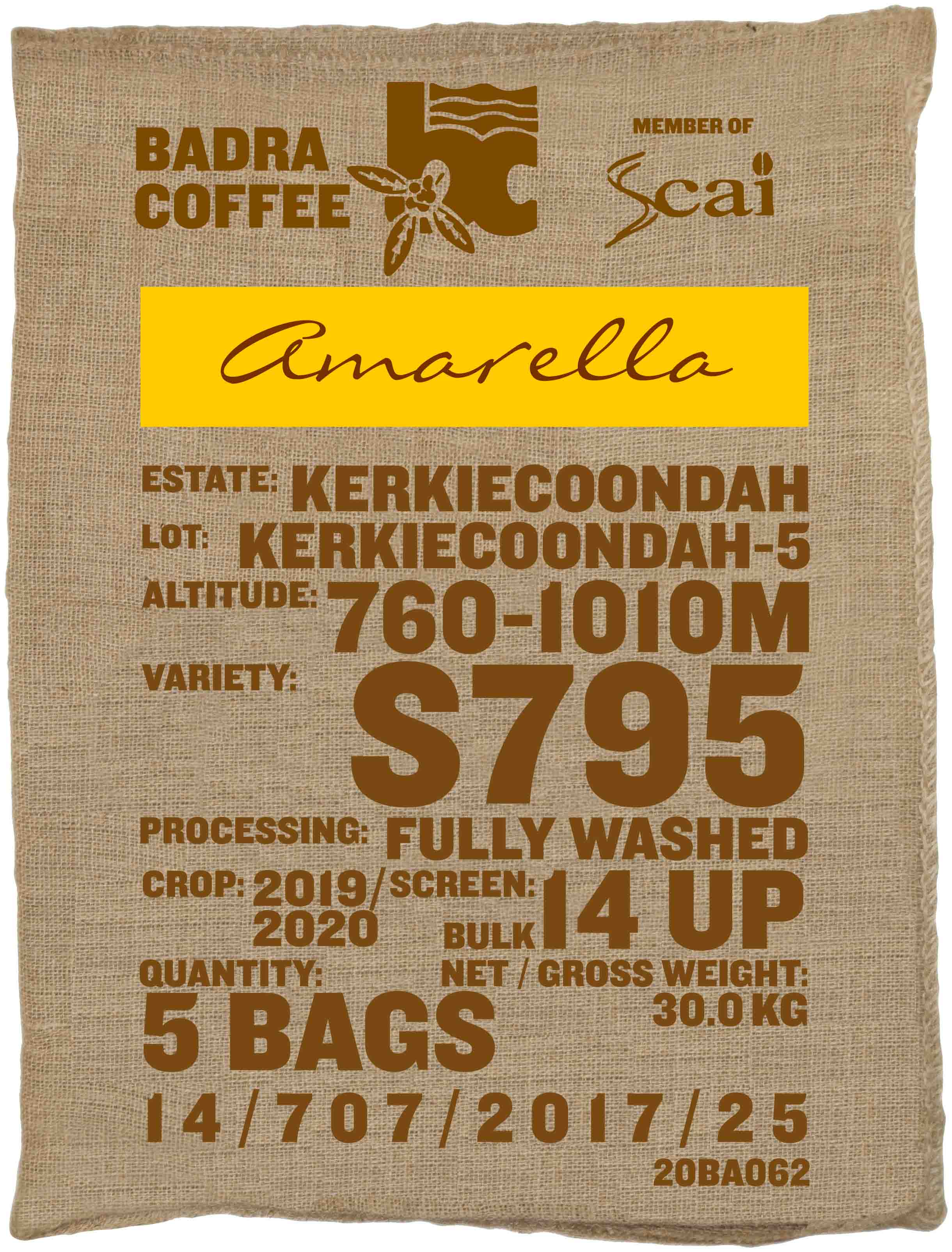 Ein Rohkaffeesack amarella Parzellenkaffee Varietät S795. Badra Estates Lot Kerkiecoondah 5.
