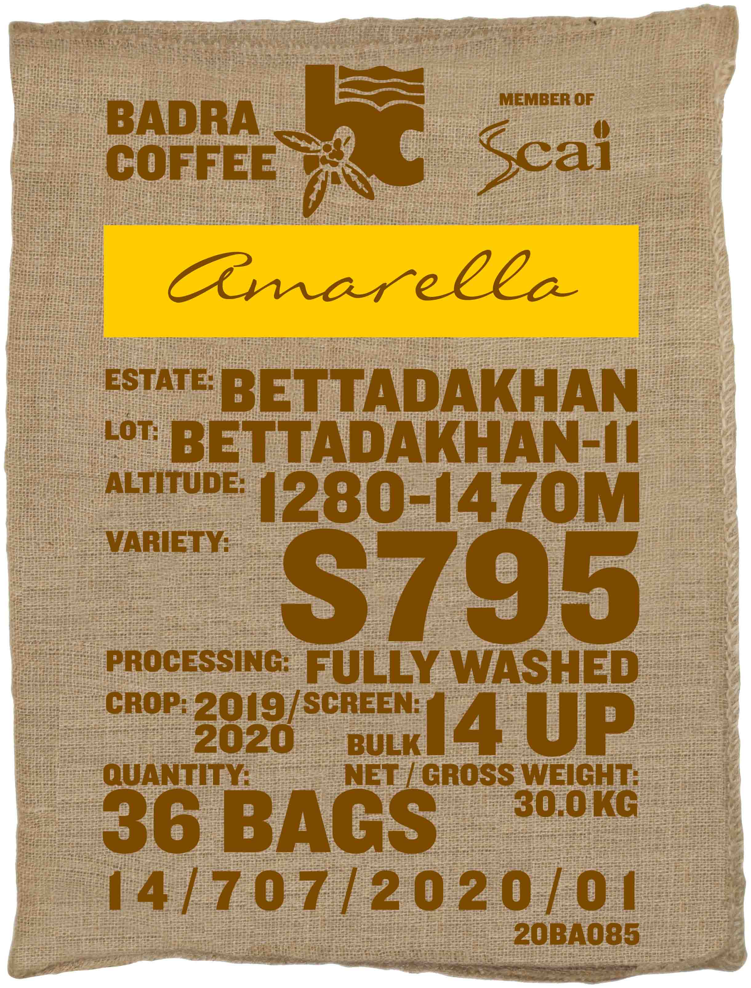 Ein Rohkaffeesack amarella Parzellenkaffee Varietät S795. Bara Estates Lot Bettadakhan 11.
