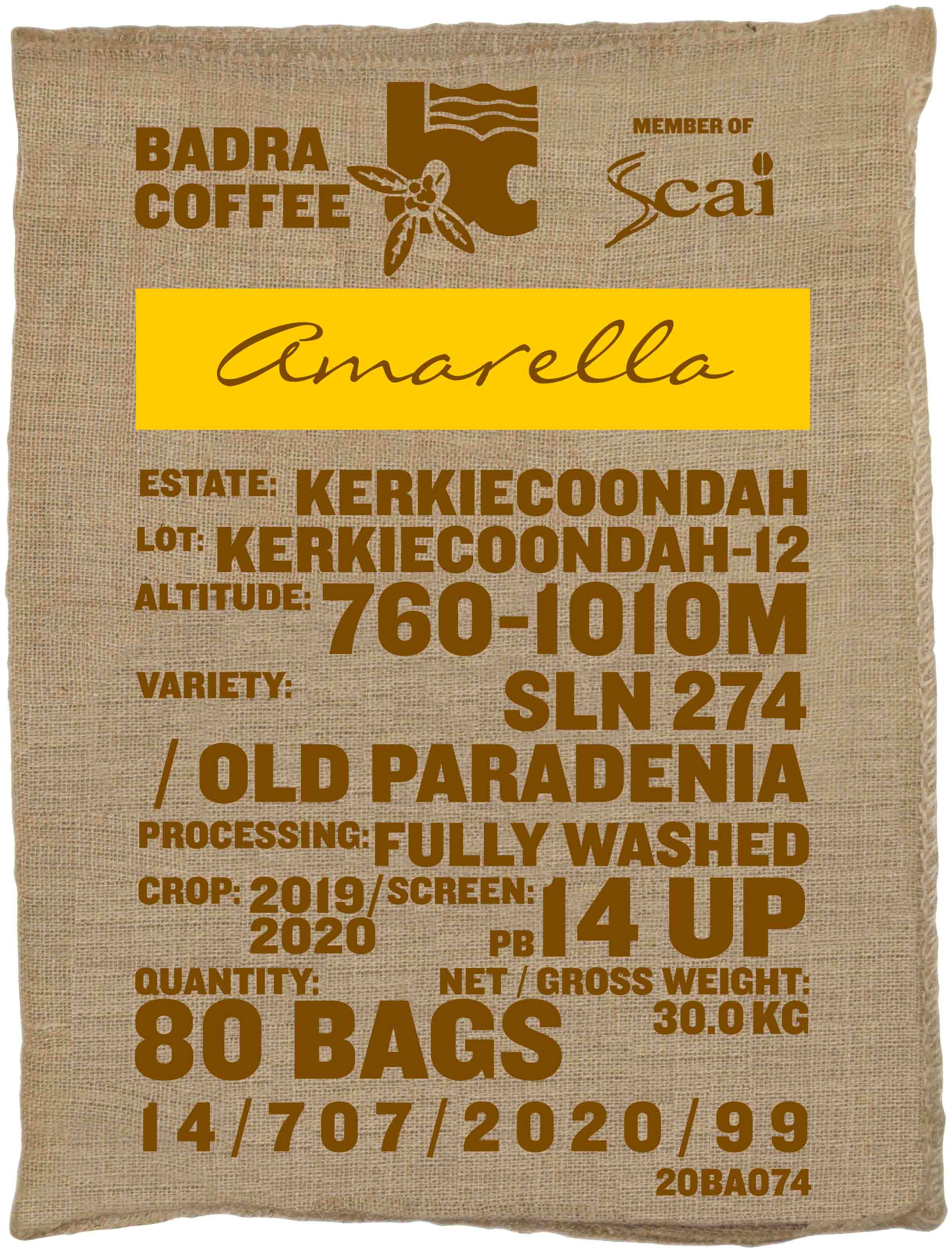 Ein Rohkaffeesack amarella Parzellenkaffee Varietät SLN 274/Old Paradenia. Badra Estates Lot Kerkiecoondah 12.